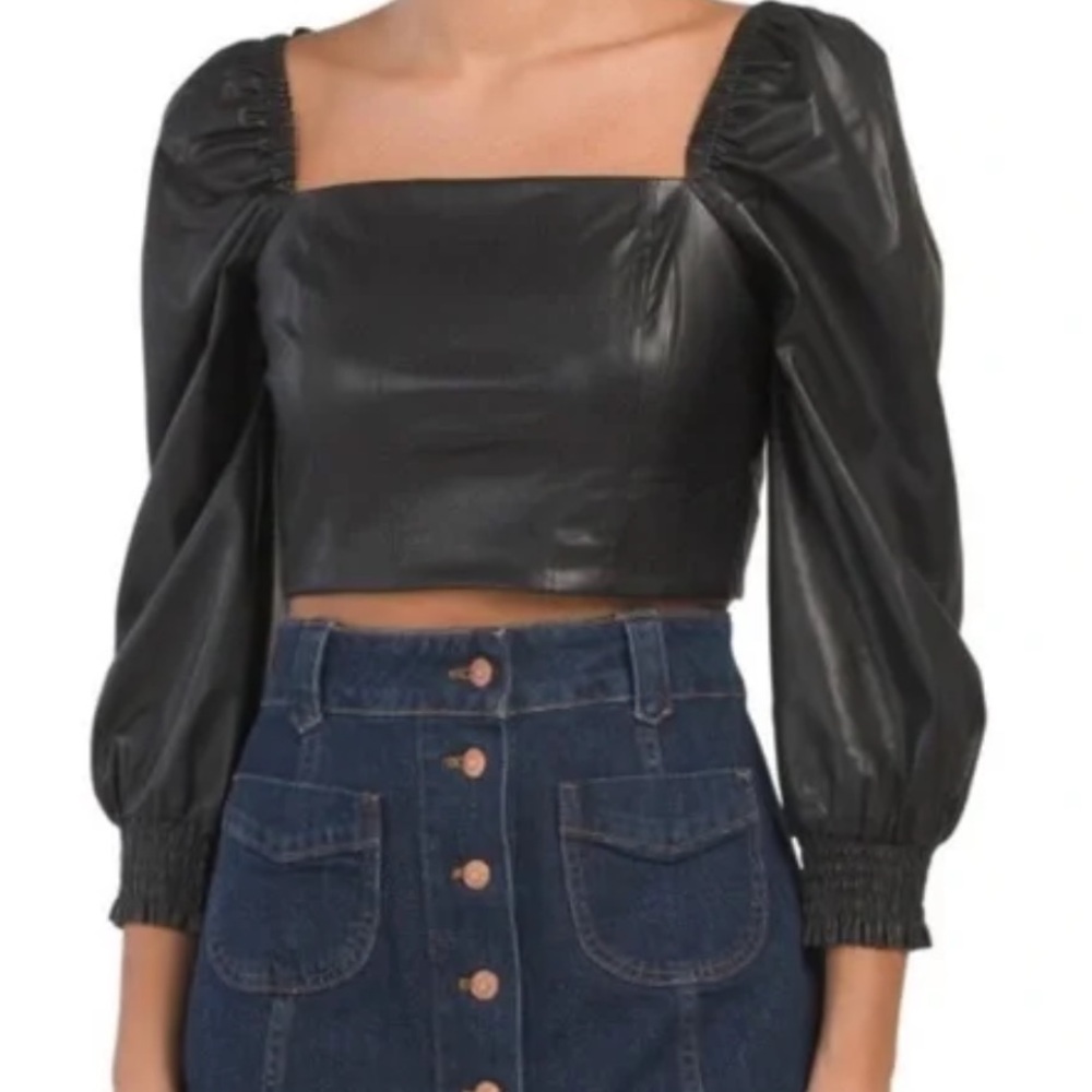 7 For All Mankind Black Faux Leather Puff Sleeve Crop Top S NWT